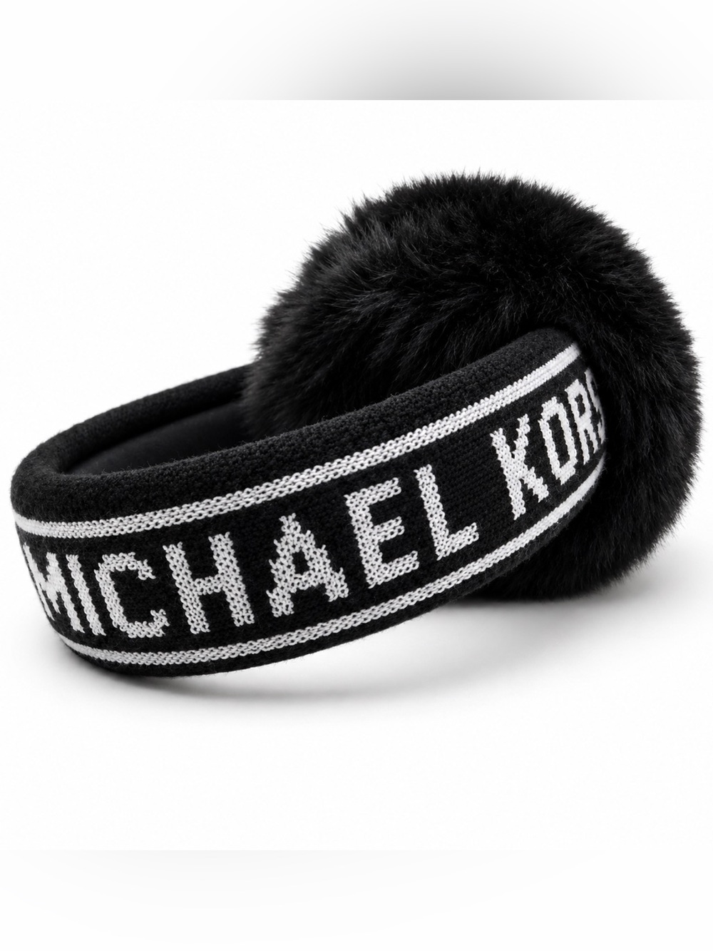 Michael Kors Black Knit Headband with Faux Fur Pom